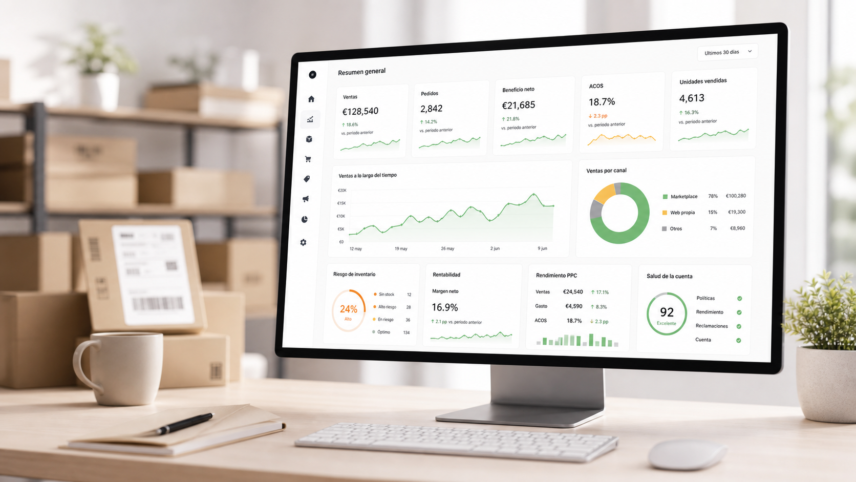 Panel de Clario con ventas, inventario y alertas de una cuenta de Amazon