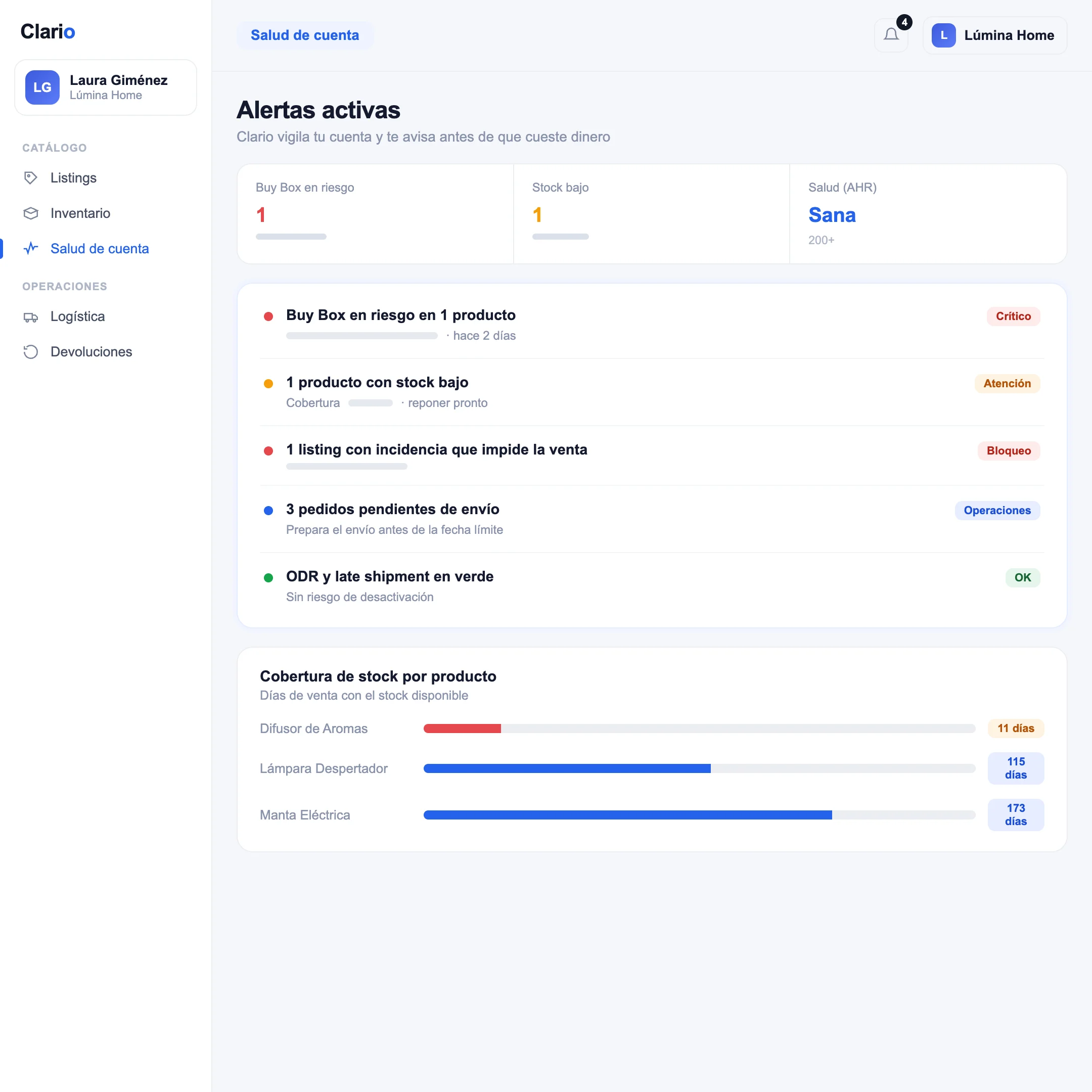 Inventario y alertas de stock en Clario